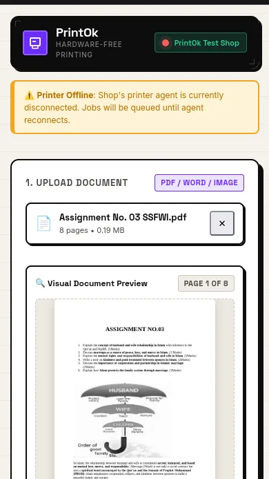 The uploaded PDF listed with its page count and size, above a preview
                      showing the first page rendered, with next and previous controls.