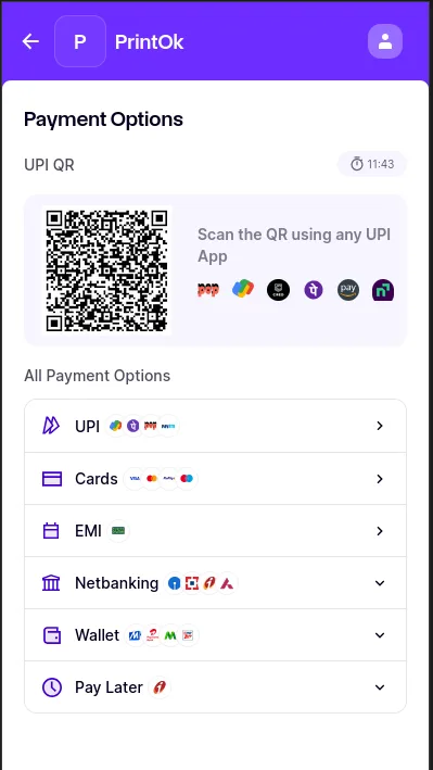 Razorpay payment options: a UPI QR code to scan with any UPI app,
                      plus cards, EMI, netbanking, wallets and pay later.